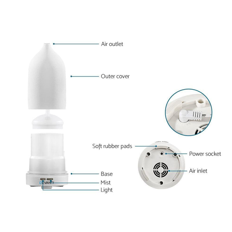 Devanti Ceramics Aroma Diffuser Aromatherapy Essential Oil Air Humidifier Ultrasonic Cool Mist White - John Cootes