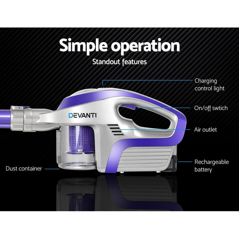 Devanti Cordless Stick Vacuum Cleaner - Purple & Grey - John Cootes