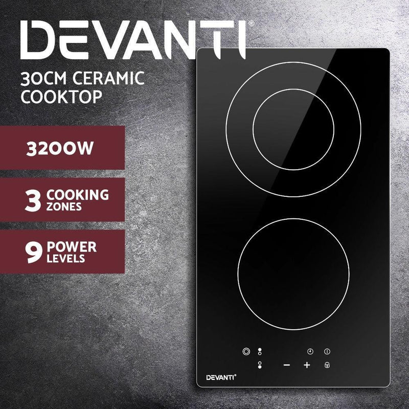 Devanti Electric Ceramic Cooktop 30cm Kitchen Cooker Cook Top Hob Touch Control 3-Zones - John Cootes
