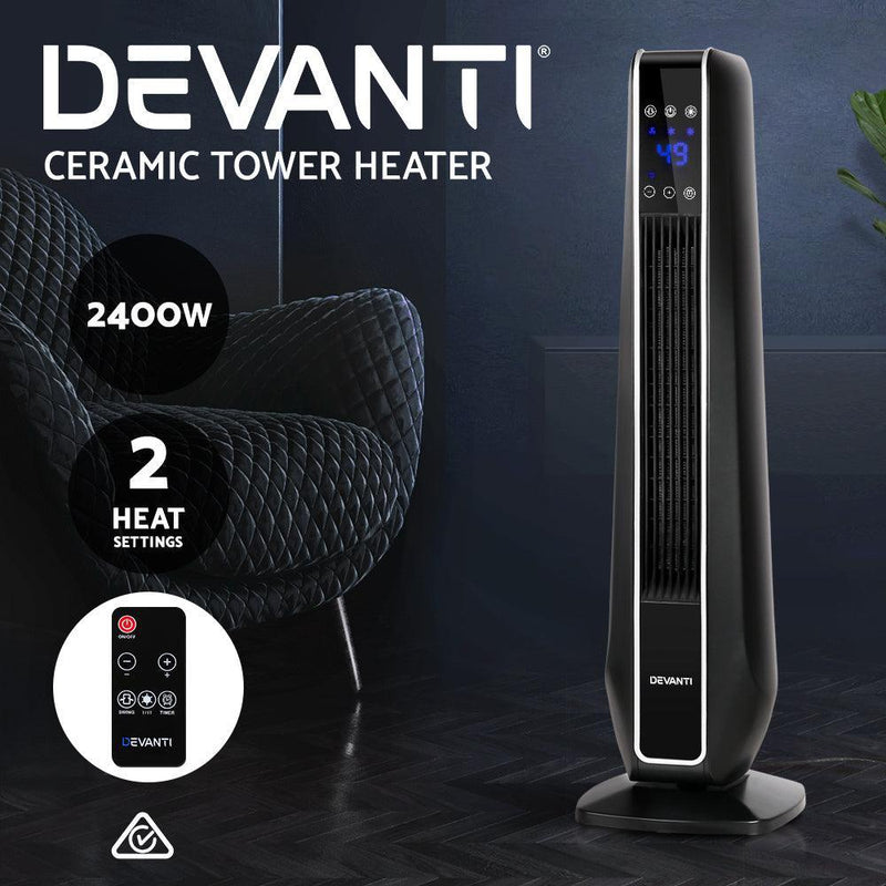 Devanti Electric Ceramic Tower Fan Heater Portable Oscillating Remote Control 2400W Black - John Cootes