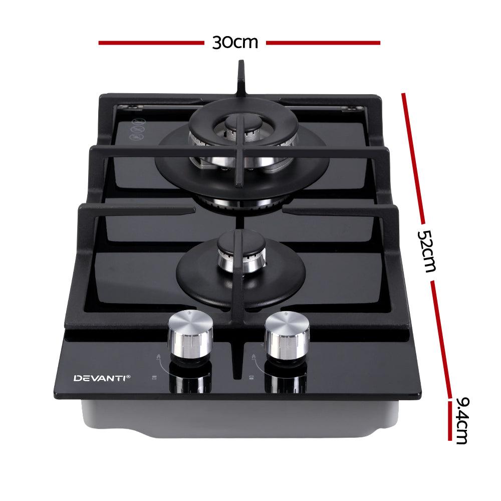 Devanti Gas Cooktop 30cm Gas Stove Cooker 2 Burner Cook Top Konbs NG LPG Black - John Cootes