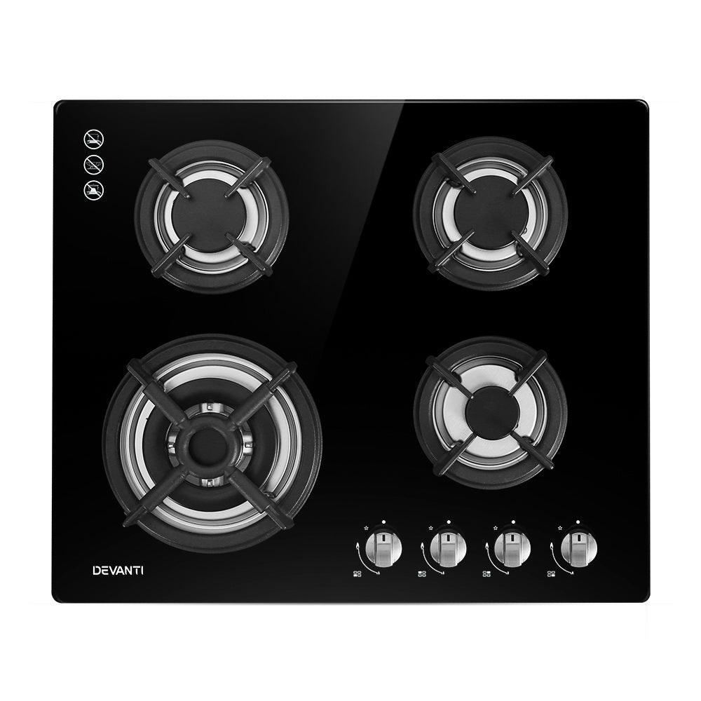 Devanti Gas Cooktop 60cm 4 Burner Ceramic Glass Cook Top Stove Hob Cooker LPG NG Black - John Cootes