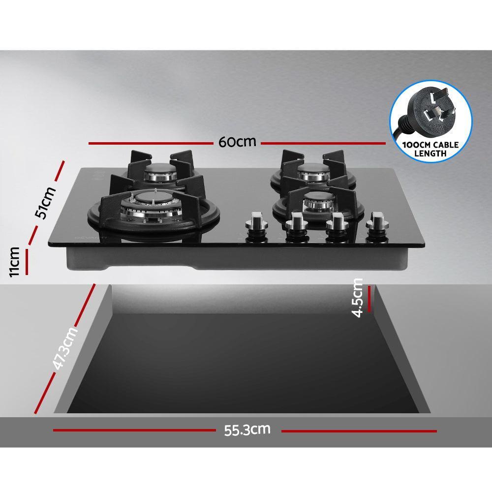 Devanti Gas Cooktop 60cm 4 Burner Ceramic Glass Cook Top Stove Hob Cooker LPG NG Black - John Cootes