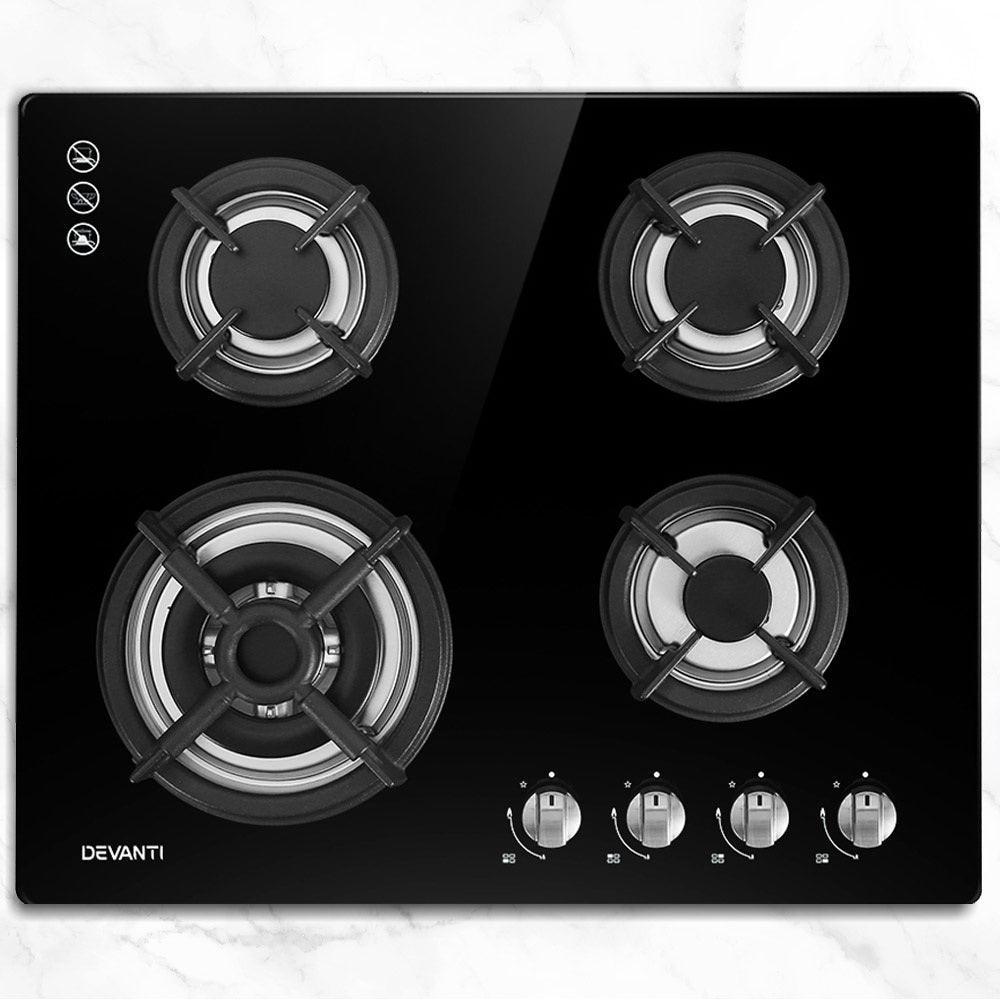 Devanti Gas Cooktop 60cm 4 Burner Ceramic Glass Cook Top Stove Hob Cooker LPG NG Black - John Cootes