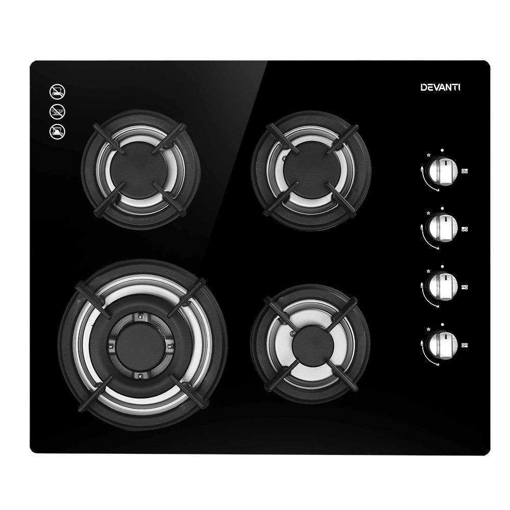 Devanti Gas Cooktop 60cm 4 Burner Glass Cook Top Cooker Stove Hob NG LPG Black - John Cootes