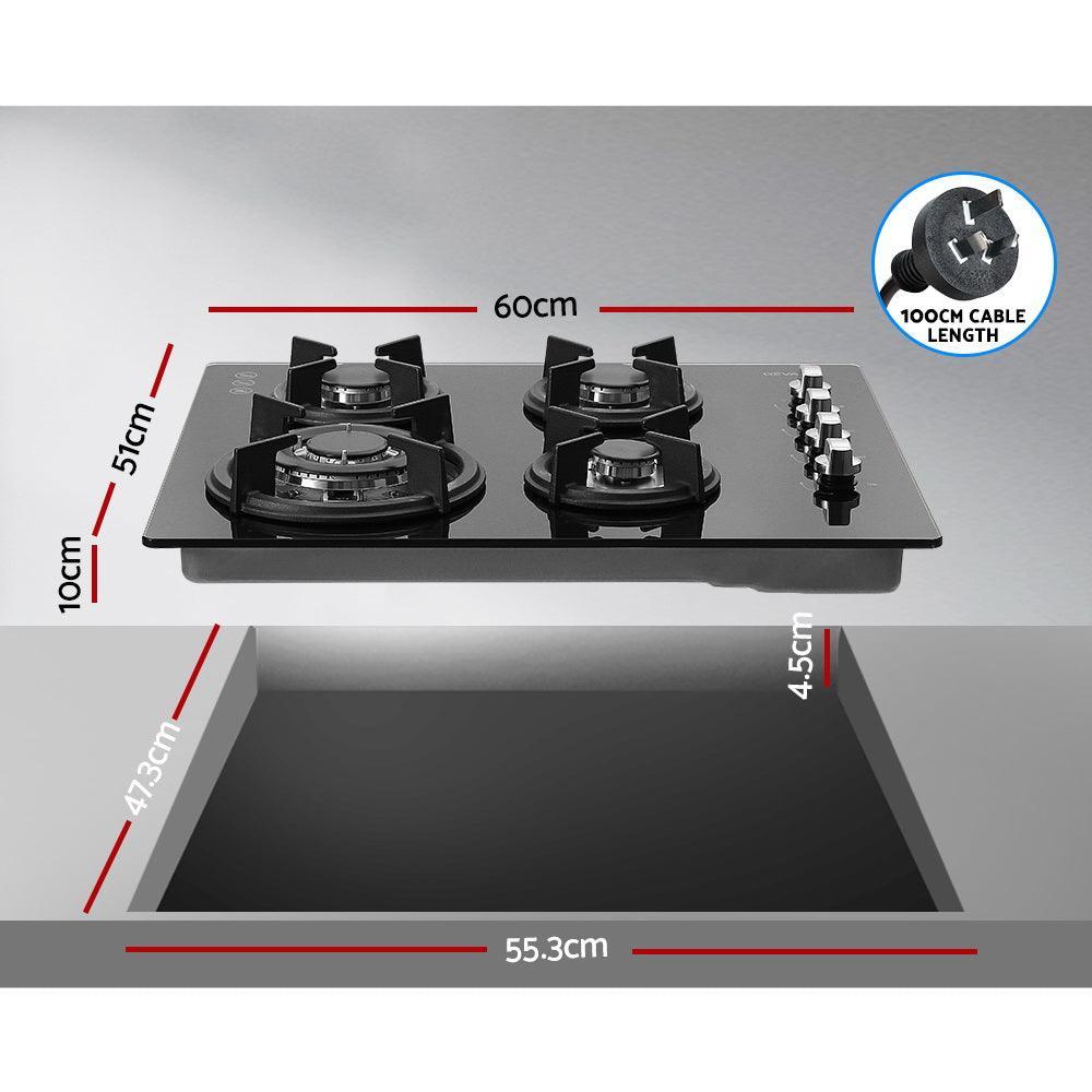 Devanti Gas Cooktop 60cm 4 Burner Glass Cook Top Cooker Stove Hob NG LPG Black - John Cootes