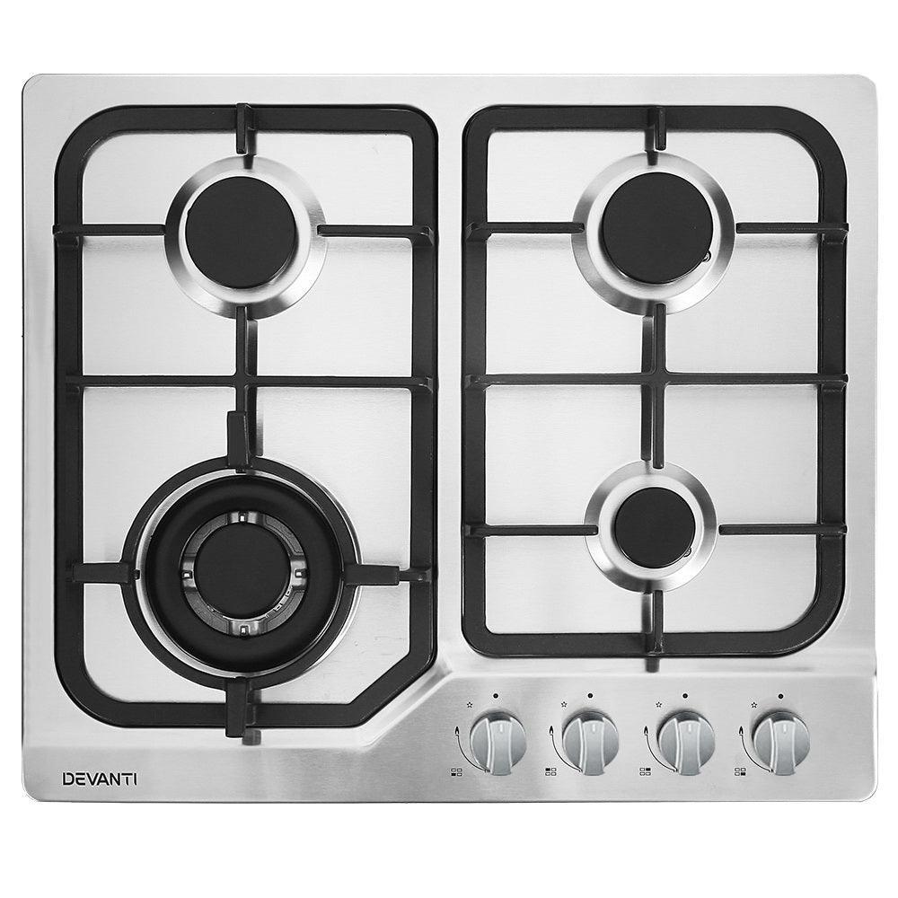 Devanti Gas Cooktop 60cm Gas Stove Cooker 4 Burner Cook Top Konbs NG LPG Steel - John Cootes