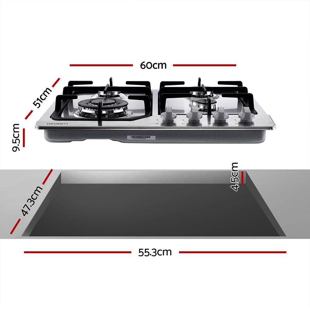 Devanti Gas Cooktop 60cm Gas Stove Cooker 4 Burner Cook Top Konbs NG LPG Steel - John Cootes