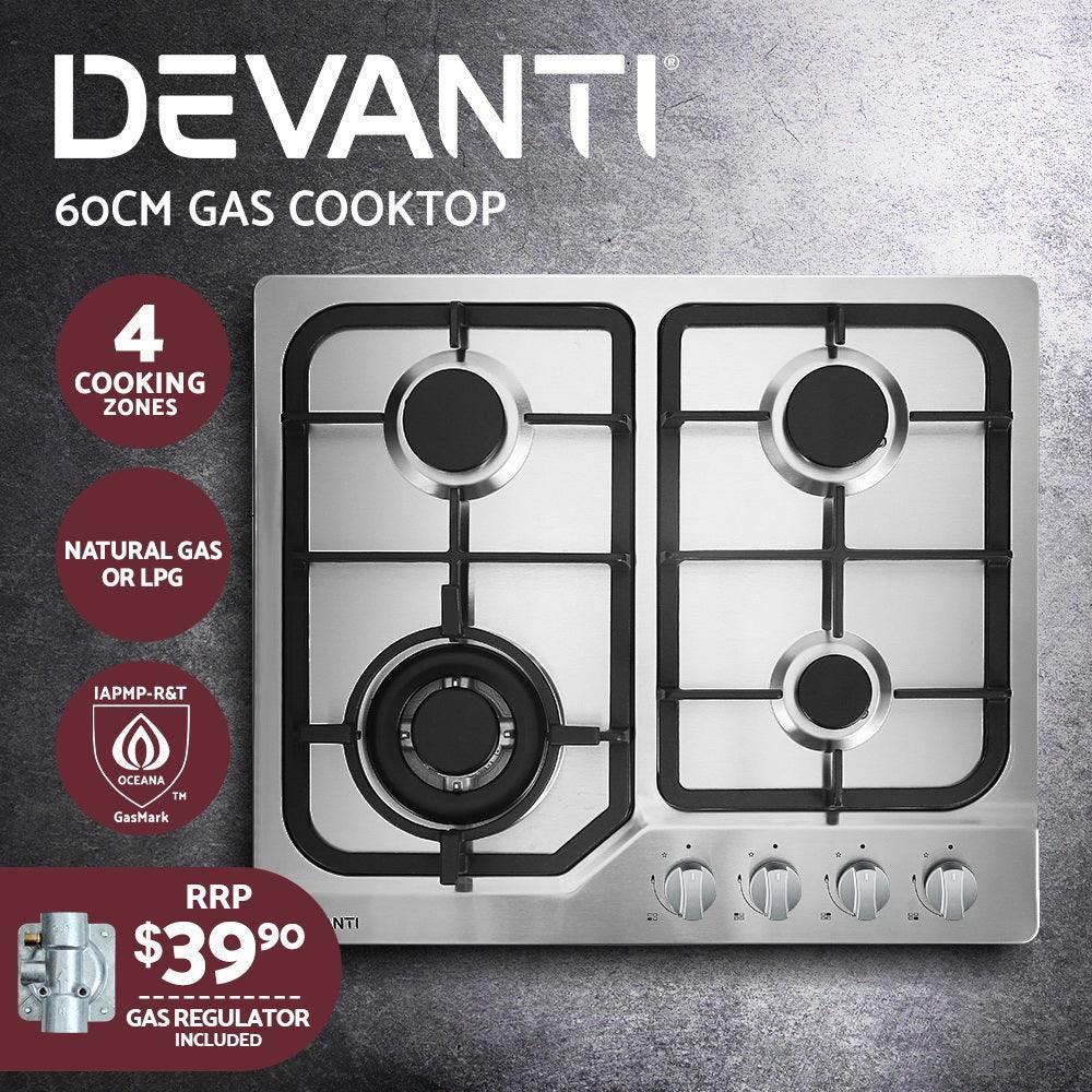 Devanti Gas Cooktop 60cm Gas Stove Cooker 4 Burner Cook Top Konbs NG LPG Steel - John Cootes