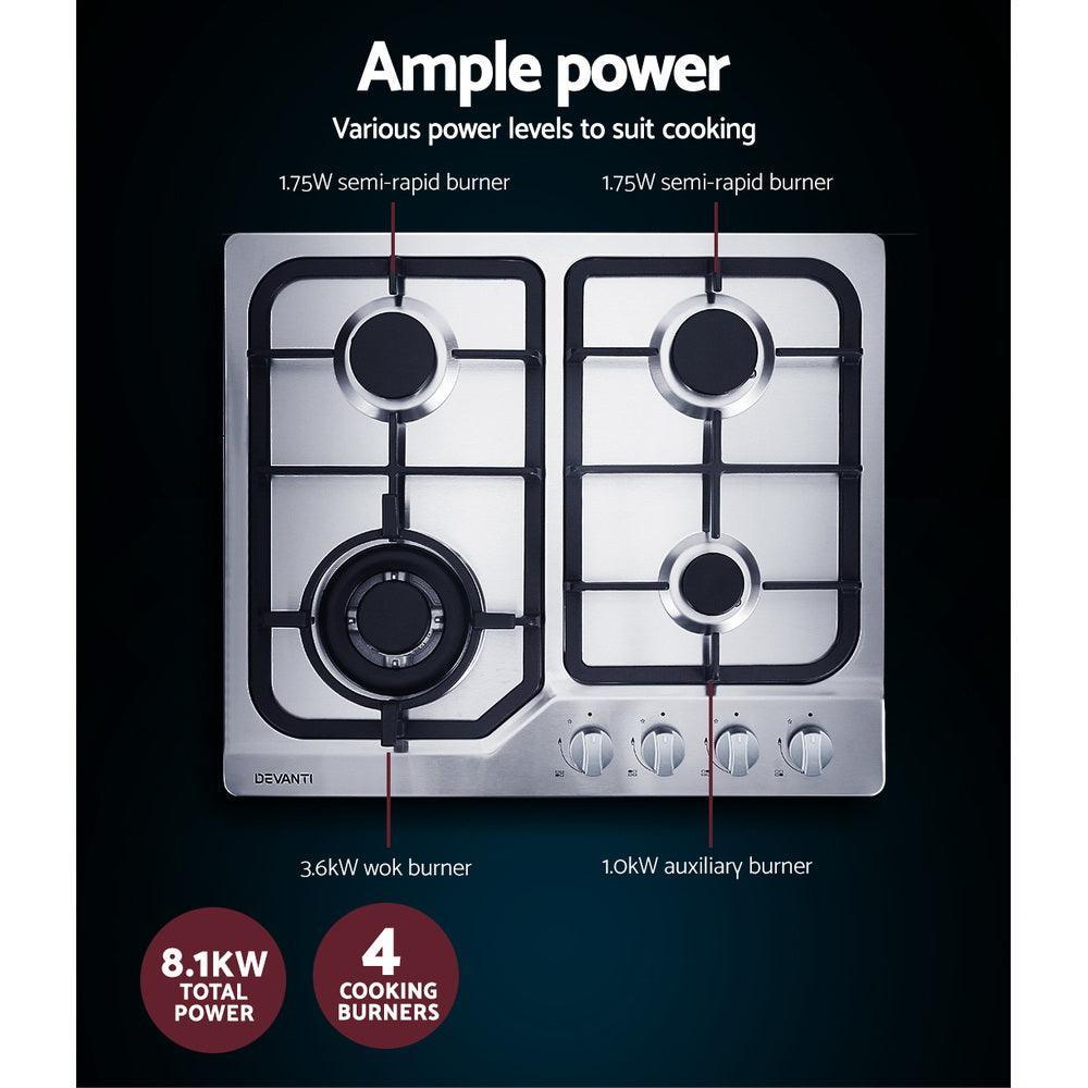 Devanti Gas Cooktop 60cm Gas Stove Cooker 4 Burner Cook Top Konbs NG LPG Steel - John Cootes