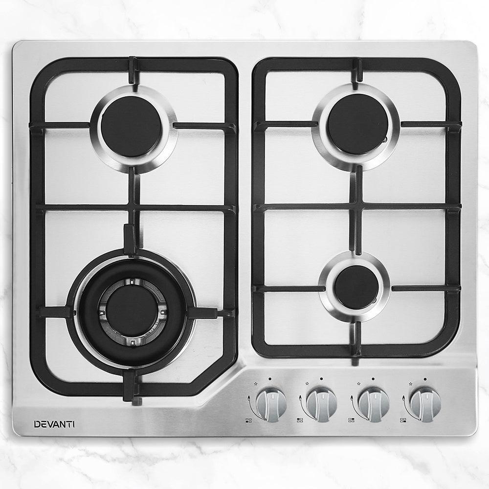 Devanti Gas Cooktop 60cm Gas Stove Cooker 4 Burner Cook Top Konbs NG LPG Steel - John Cootes