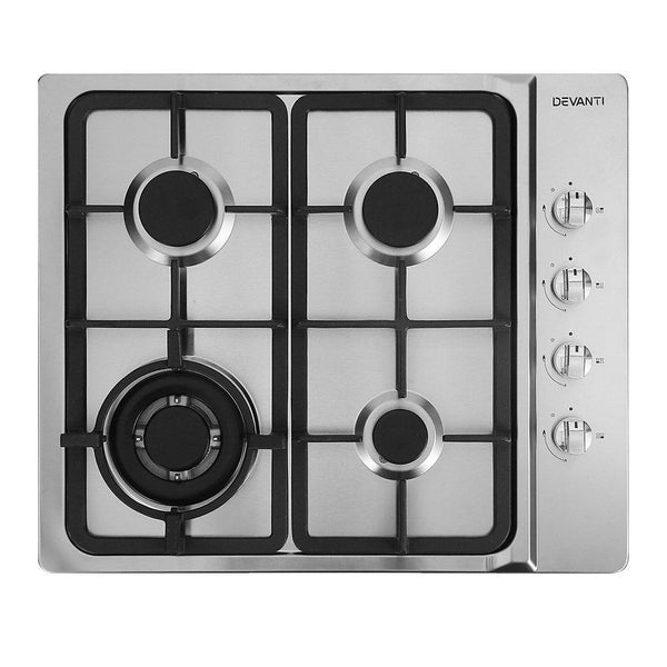 Devanti Gas Cooktop 60cm Kitchen Stove 4 Burner Cook Top NG LPG Stainless Steel Silver - John Cootes