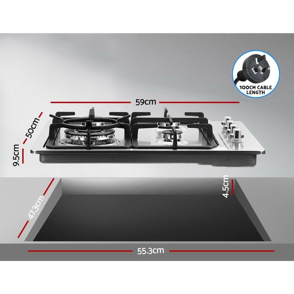 Devanti Gas Cooktop 60cm Kitchen Stove 4 Burner Cook Top NG LPG Stainless Steel Silver - John Cootes