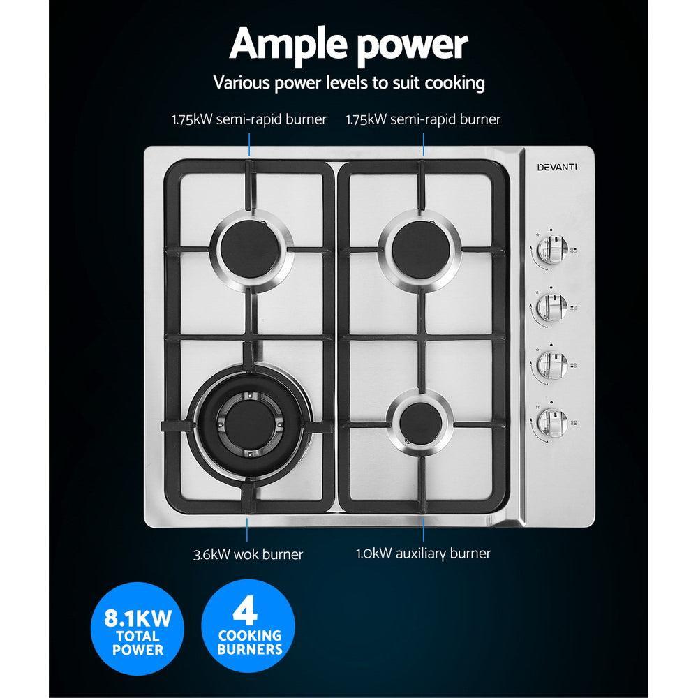 Devanti Gas Cooktop 60cm Kitchen Stove 4 Burner Cook Top NG LPG Stainless Steel Silver - John Cootes