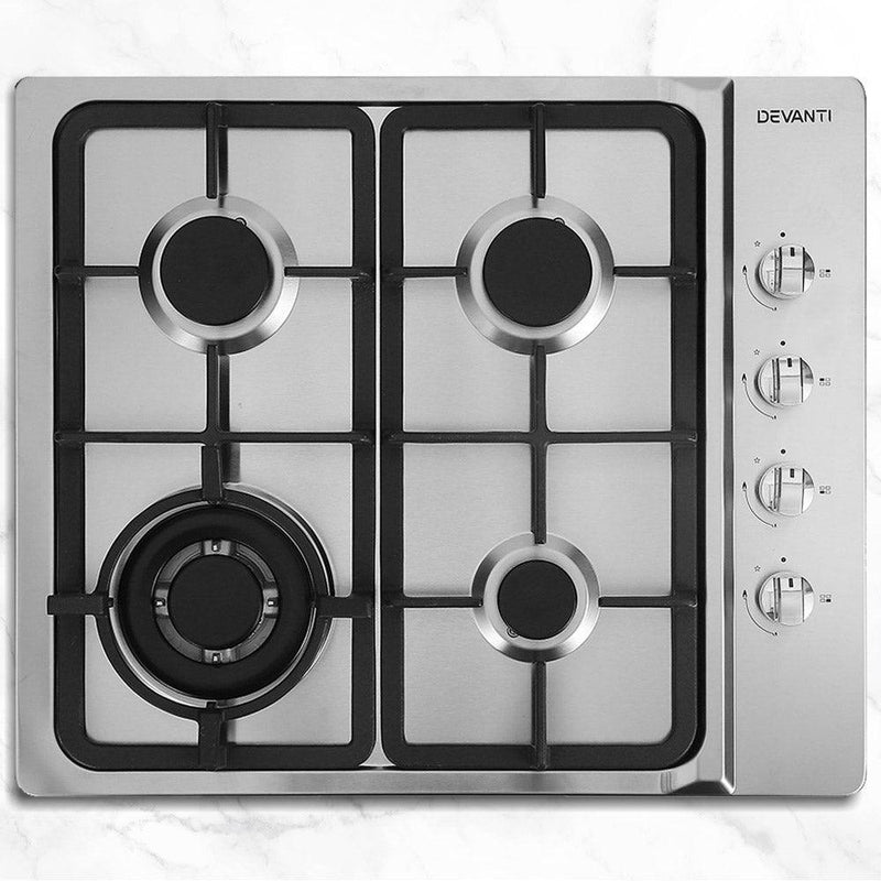 Devanti Gas Cooktop 60cm Kitchen Stove 4 Burner Cook Top NG LPG Stainless Steel Silver - John Cootes