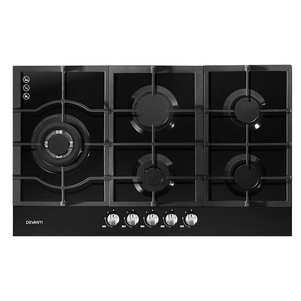 Devanti Gas Cooktop 90cm 5 Burner Stove Hob Cooker Kitchen NG LPG Black Glass - John Cootes