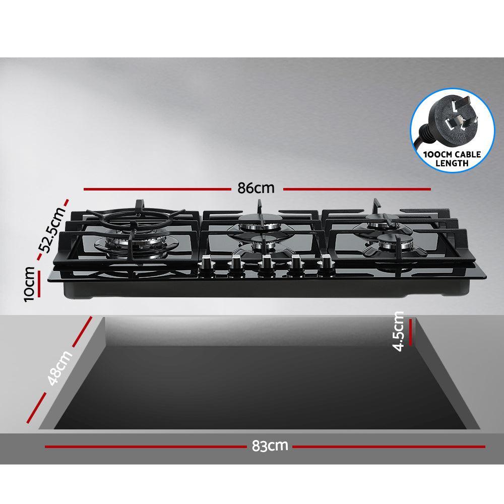 Devanti Gas Cooktop 90cm 5 Burner Stove Hob Cooker Kitchen NG LPG Black Glass - John Cootes