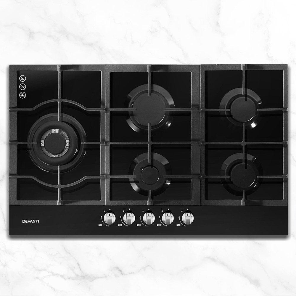 Devanti Gas Cooktop 90cm 5 Burner Stove Hob Cooker Kitchen NG LPG Black Glass - John Cootes