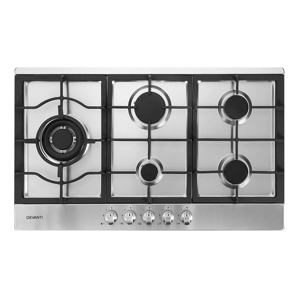 Devanti Gas Cooktop 90cm Kitchen Stove Cooker 5 Burner Stainless Steel NG/LPG Silver - John Cootes