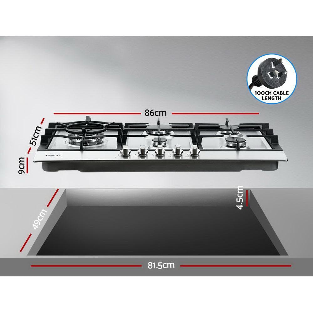 Devanti Gas Cooktop 90cm Kitchen Stove Cooker 5 Burner Stainless Steel NG/LPG Silver - John Cootes