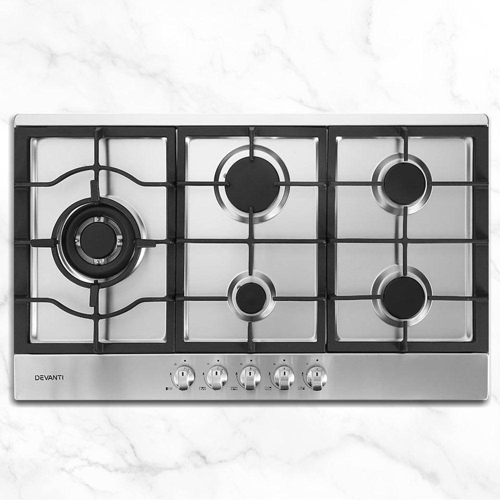 Devanti Gas Cooktop 90cm Kitchen Stove Cooker 5 Burner Stainless Steel NG/LPG Silver - John Cootes