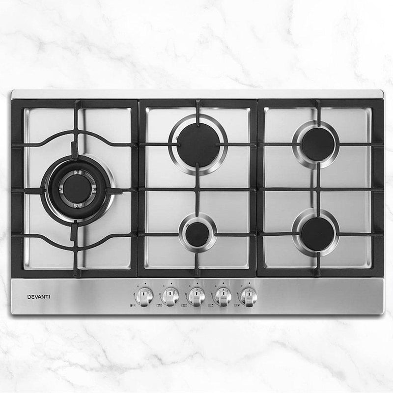 Devanti Gas Cooktop 90cm Kitchen Stove Cooker 5 Burner Stainless Steel NG/LPG Silver - John Cootes