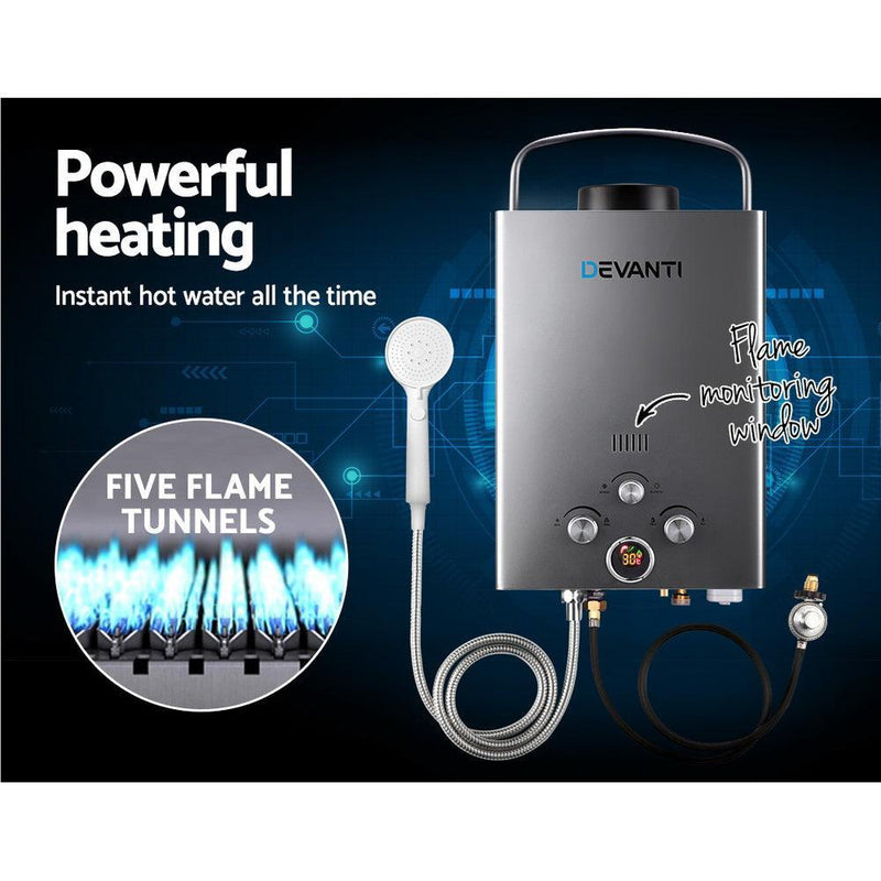Devanti Gas Hot Water Heater Portable Shower Camping LPG Outdoor Instant Grey - John Cootes
