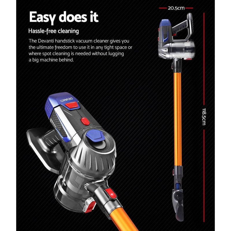 Devanti Handheld Vacuum Cleaner Cordless Stick Handstick Car Vac Bagless 2-Speed LED Headlight Gold - John Cootes