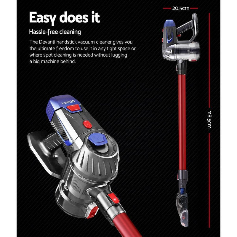 Devanti Handheld Vacuum Cleaner Cordless Stick Handstick Vac Bagless 2-Speed Headlight Red - John Cootes