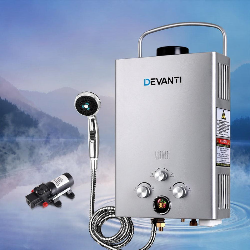 DEVANTi Outdoor Portable Gas Hot Water Heater Shower Camping LPG Caravan Pump Silver - John Cootes