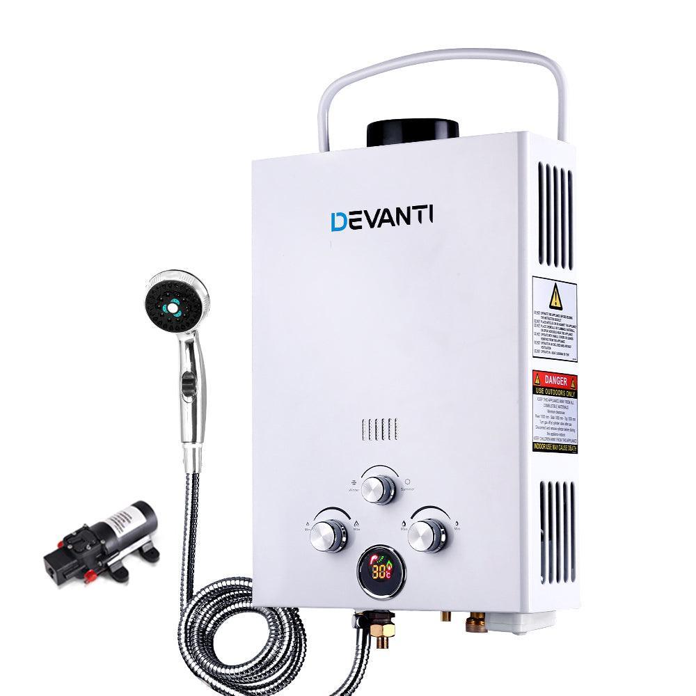 DEVANTi Outdoor Portable Gas Hot Water Heater Shower Camping LPG Caravan Pump White - John Cootes