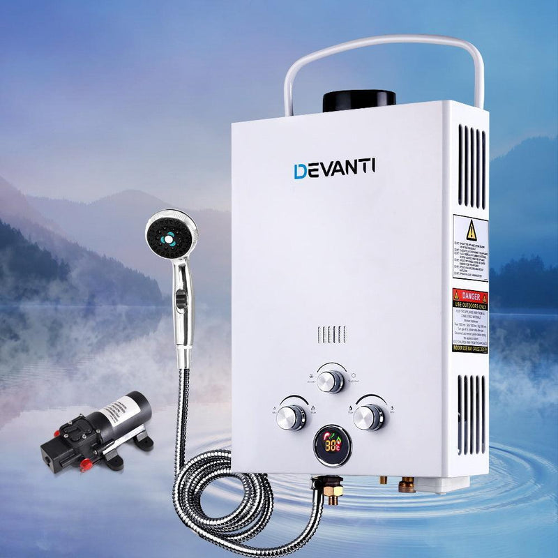 DEVANTi Outdoor Portable Gas Hot Water Heater Shower Camping LPG Caravan Pump White - John Cootes