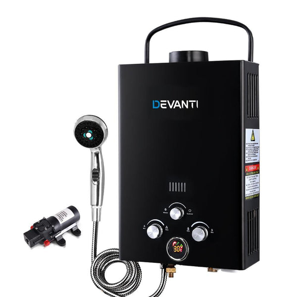 Devanti Outdoor Portable LPG Gas Hot Water Heater Shower Head 12V Water Pump Black - John Cootes