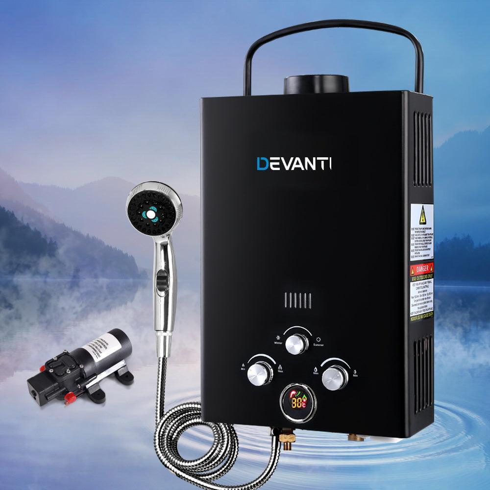 Devanti Outdoor Portable LPG Gas Hot Water Heater Shower Head 12V Water Pump Black - John Cootes