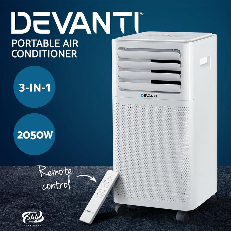 Devanti Portable Air Conditioner Cooling Mobile Fan Cooler Dehumidifier White 2000W - John Cootes