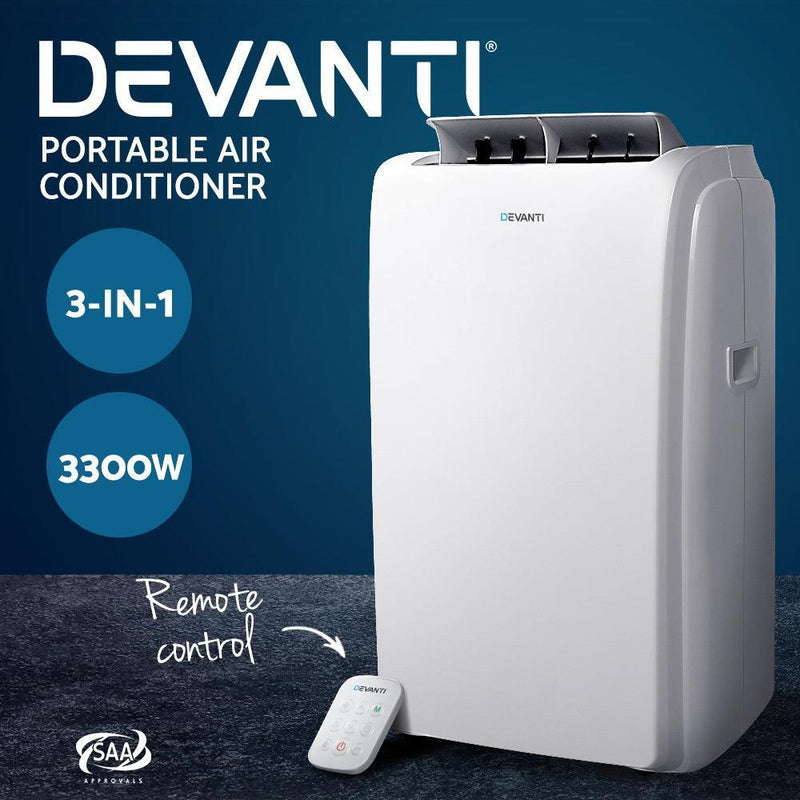 Devanti Portable Air Conditioner Cooling Mobile Fan Cooler Remote Window Kit White 3300W - John Cootes