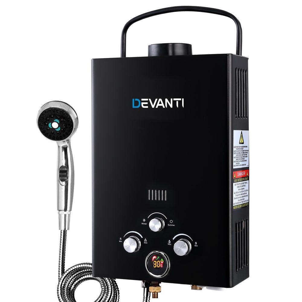 DEVANTi Portable Gas Water Heater Hot Shower Camping LPG Outdoor Instant 4WD Black - John Cootes