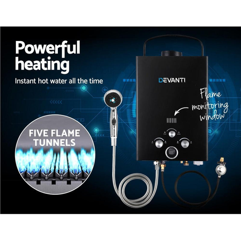 DEVANTi Portable Gas Water Heater Hot Shower Camping LPG Outdoor Instant 4WD Black - John Cootes