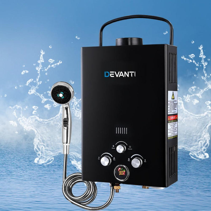 DEVANTi Portable Gas Water Heater Hot Shower Camping LPG Outdoor Instant 4WD Black - John Cootes