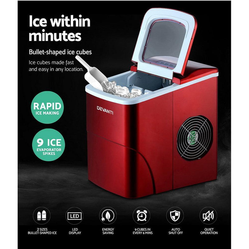 DEVANTi Portable Ice Cube Maker Machine 2L Home Bar Benchtop Easy Quick Red - John Cootes