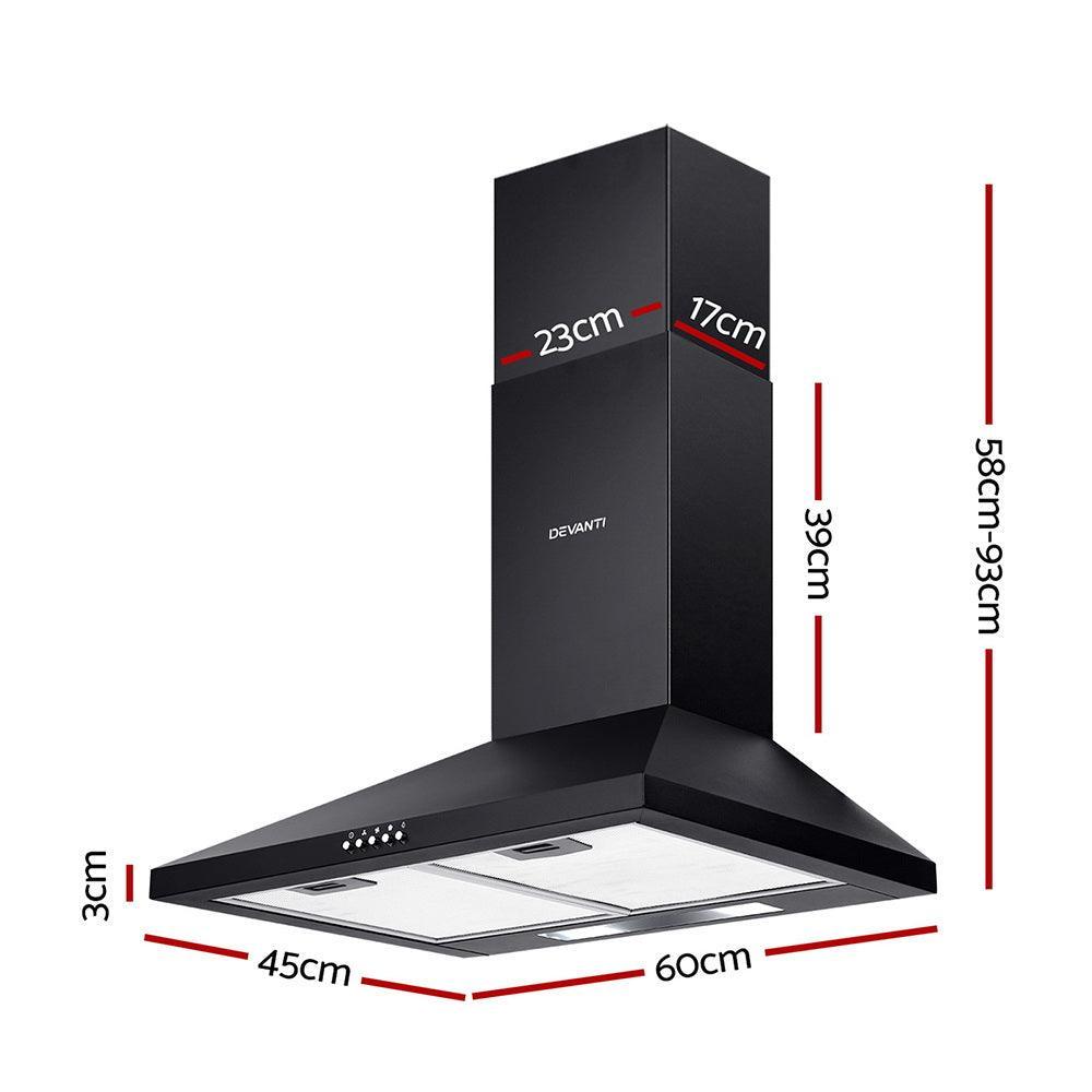 Devanti Pyramid Range Hood Rangehood 600mm 60cm Kitchen Canopy Black - John Cootes