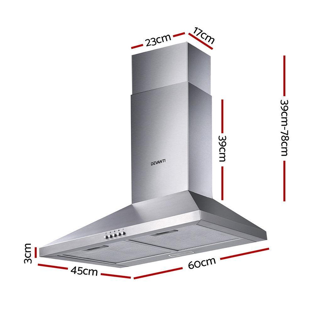 Devanti Range Hood 60cm 600mm Kitchen Canopy Stainless Steel Rangehood Wall Mount - John Cootes