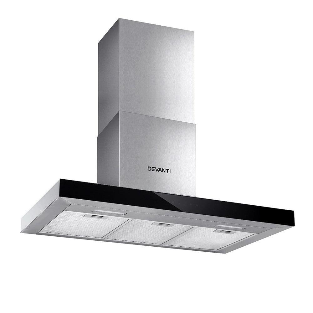 Devanti Range Hood 900mm Rangehood 90cm Stainless Steel Glass Kitchen Canopy Black - John Cootes