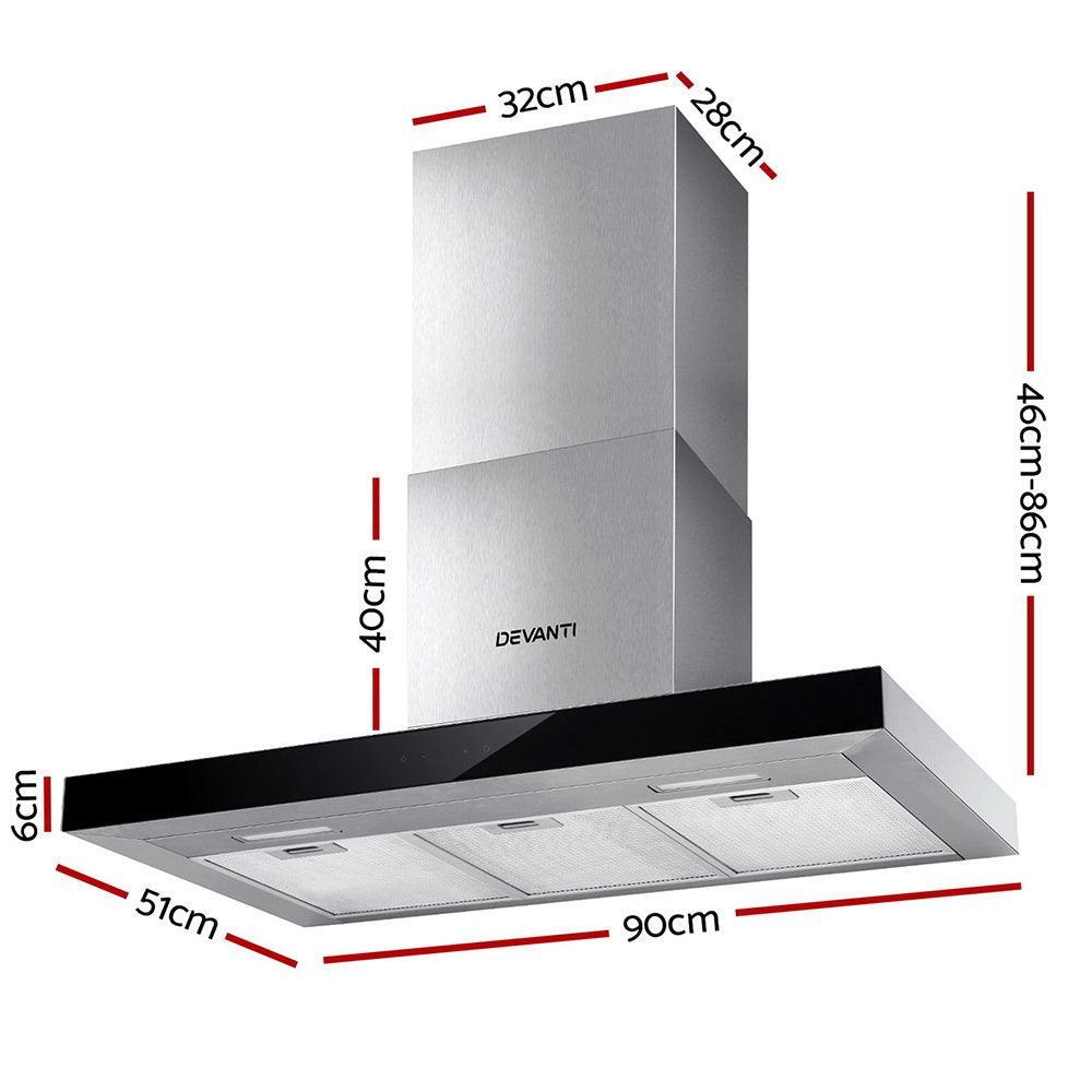 Devanti Range Hood 900mm Rangehood 90cm Stainless Steel Glass Kitchen Canopy Black - John Cootes