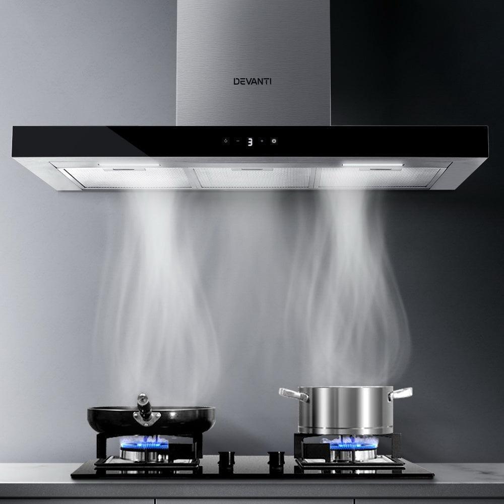 Devanti Range Hood 900mm Rangehood 90cm Stainless Steel Glass Kitchen Canopy Black - John Cootes