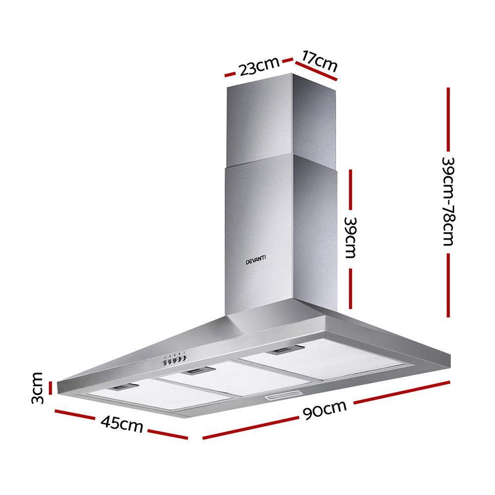 Devanti Range Hood 90cm 900mm Kitchen Canopy Stainless Steel Rangehood Wall Mount - John Cootes