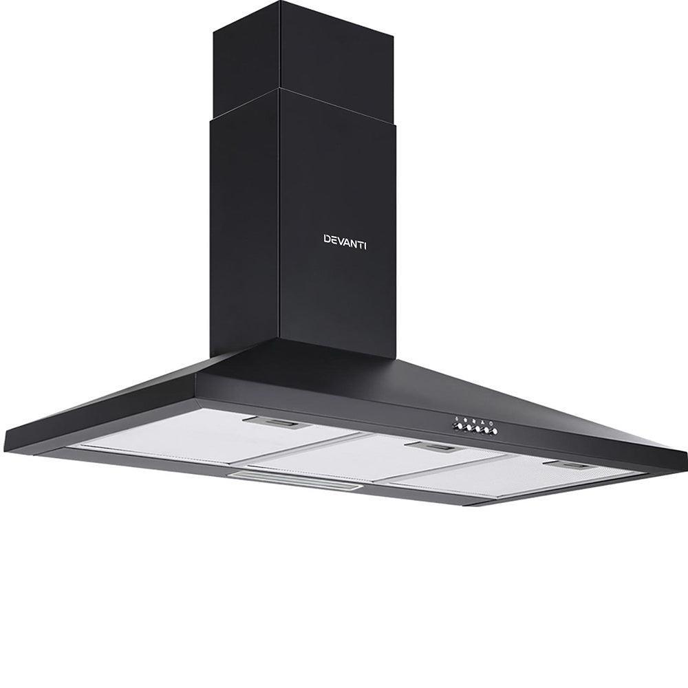 Devanti Range Hood Rangehood 90cm 900mm Kitchen Canopy LED Light Wall Mount Black - John Cootes