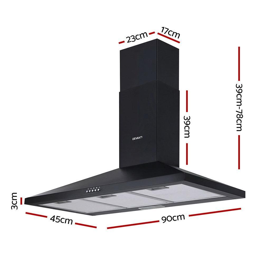 Devanti Range Hood Rangehood 90cm 900mm Kitchen Canopy LED Light Wall Mount Black - John Cootes