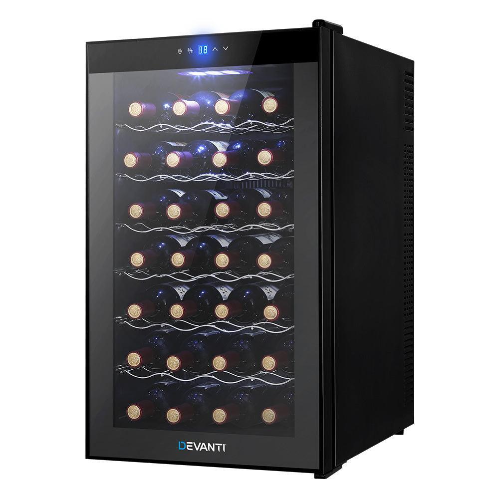 Devanti Wine Cooler 28 Bottles Glass Door Beverage Cooler Thermoelectric Fridge Black - John Cootes