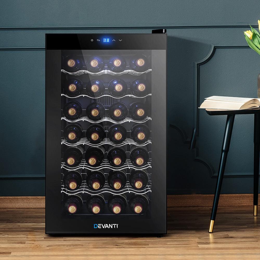 Devanti Wine Cooler 28 Bottles Glass Door Beverage Cooler Thermoelectric Fridge Black - John Cootes